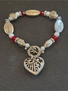 Women’s Silver Heart Charm Bracelet with Red and Pearl Accents